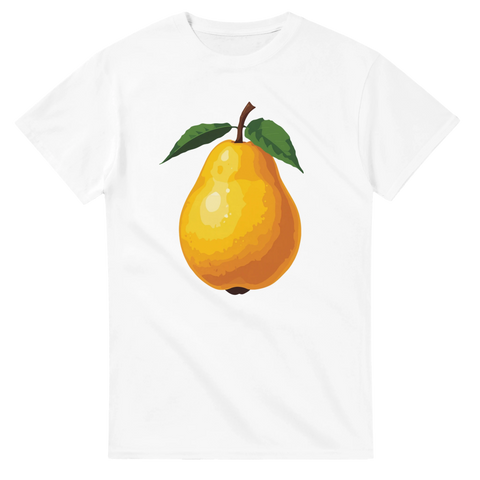 Minimalistisk päronillustration i gult och grönt på vit t-shirt
