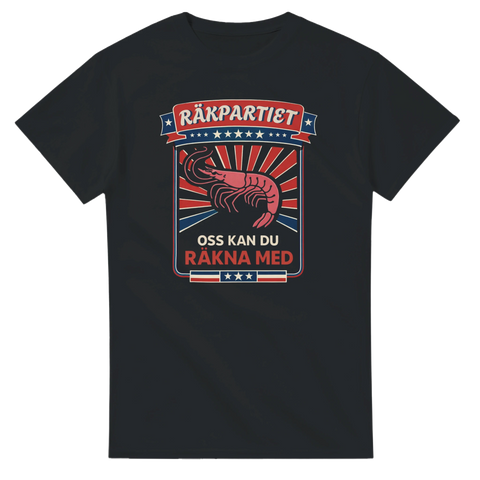 Räkpartiet t-shirt med satiriskt politiskt tryck och räka i affischstil