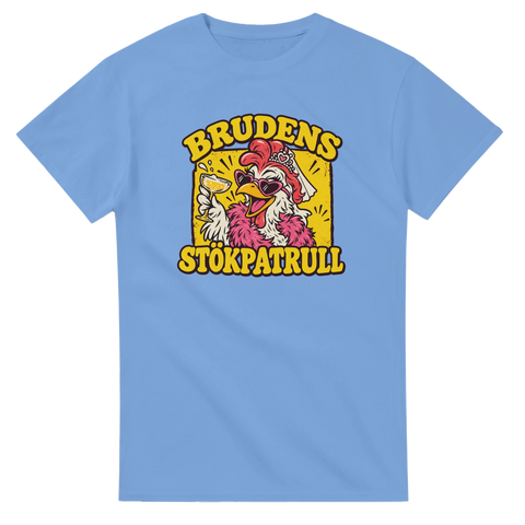 T-shirt med en festglad höna i slöja och texten Brudens stökpatrull