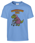 Grannysaurus Rex-tryck med T-Rex farmor och rullator på ljusblå t-shirt.