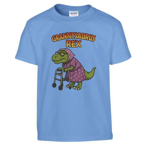 Grannysaurus Rex-tryck med T-Rex farmor och rullator på ljusblå t-shirt.