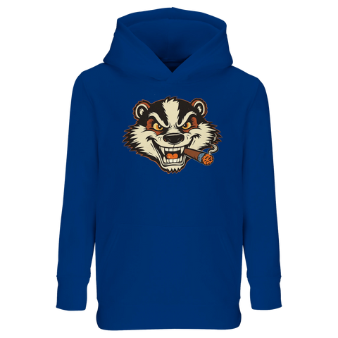 Blå hoodie med ett provokativt grävlingsmotiv för coola barn