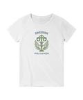 Figurnära vit t-shirt med humoristiskt midsommarmotiv och blomsterkransar