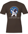 Dabbande astronaut i rymden, texten "Rebooting Civilisation Elon Musk Space Adventures" på brun t-shirt.