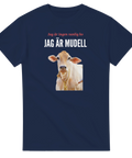 Humoristiskt komotiv med texten Jag är mudell på en marinblå t-shirt