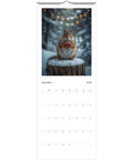 Ekorre med rödrosettförpackad valnöt på snötäckt stubbe, vinterlandskap, Väggkalender 2026.