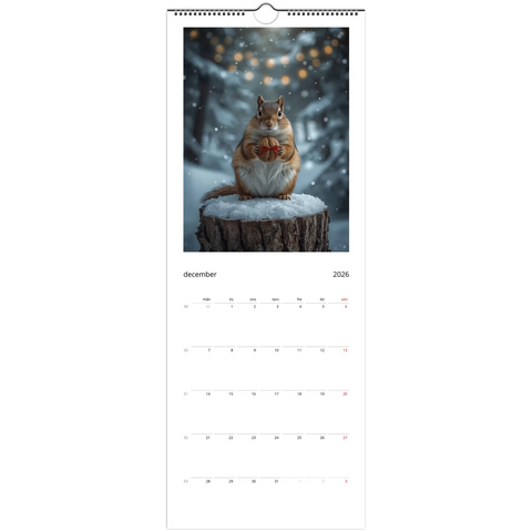 Ekorre med rödrosettförpackad valnöt på snötäckt stubbe, vinterlandskap, Väggkalender 2026.