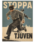 Närbild på en vintageinspirerad affisch föreställande en polisjakt i klassisk europeisk propagandastil från 1940-talet.