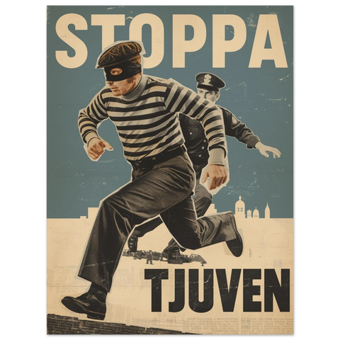 Närbild på en vintageinspirerad affisch föreställande en polisjakt i klassisk europeisk propagandastil från 1940-talet.