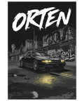 Grafisk poster med svart 90-talsbil och texten Orten i förortsmiljö