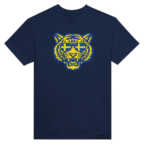 Pop art-inspirerat tigerhuvud i gult och blått – t-shirt med attityd