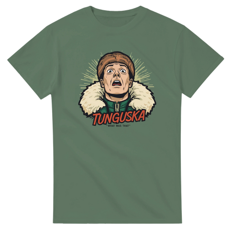Pop art-design föreställande det mystiska Tunguska-fallet på militärgrön t-shirt