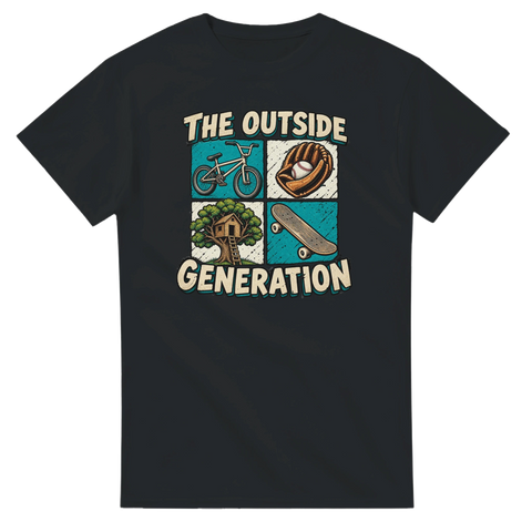 Vintage grafik med texten The Outside Generation på svart t-shirt