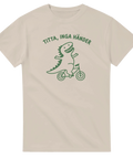 Lekfull grafisk design av cyklande dinosaurie i minimalistisk stil