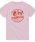 Lekfullt skaldjursmotiv med texten Strömstad Seafood Club på rosa t-shirt