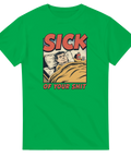 Popkonstmotiv av sjuk man i sängen med texten "Sick of Your Shit" på grön t-shirt.