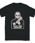 Slasher-inspirerad illustration med maskerad figur och ironisk text på t-shirt