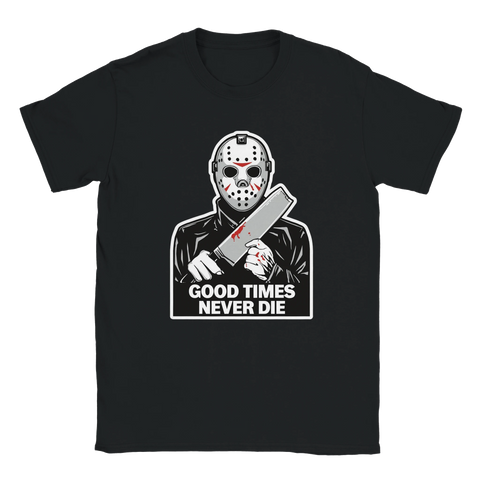 Slasher-inspirerad illustration med maskerad figur och ironisk text på t-shirt