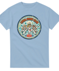 Grafiskt badge-motiv med Lucia och tärnor som festar – ljusblå Lucia t-shirt