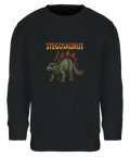 Grön Stegosaurus med solglasögon och text "STEGOSAURUS" på svart sweatshirt för barn.