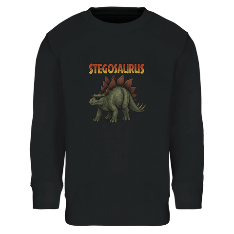 Grön Stegosaurus med solglasögon och text "STEGOSAURUS" på svart sweatshirt för barn.