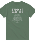 Typiskt Norrland" text och rutig skjorta tryck på grön t-shirt.