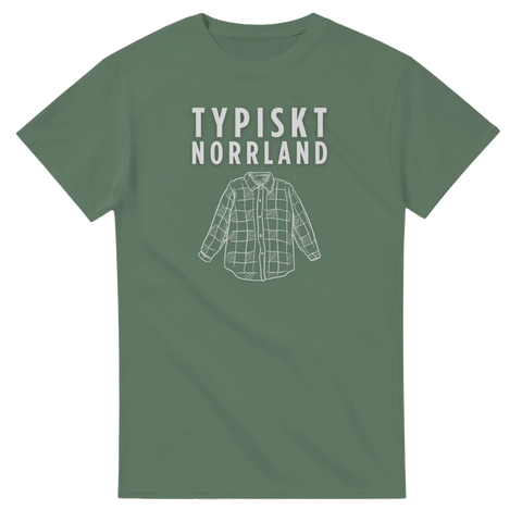 Typiskt Norrland" text och rutig skjorta tryck på grön t-shirt.