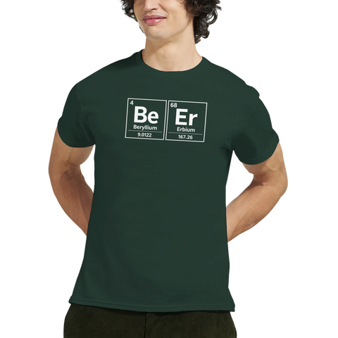 Periodiska systemet "Be Er" (Beryllium, Erbium) tryck på mörkgrön t-shirt.