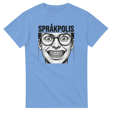 Humoristiskt motiv för grammatikälskare med texten Språkpolis – t-shirt med citat