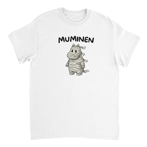 Minimalistiskt tryck med texten Muminen och en mumie – t-shirt med attityd