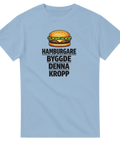 Självironiskt tryck med en saftig hamburgare och citat på ljusblå t-shirt