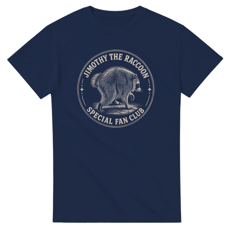 Meme-design föreställande Jimothy the Raccoon i klassisk klubbstil – rolig t-shirt