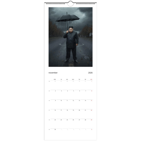 Kim Jong-un med paraply i regn på väggkalender 2026, satirisk design.