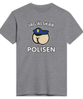 Satiriskt tryck "Jag älskar polisen" med tecknad rumpa i polismössa på grå t-shirt.
