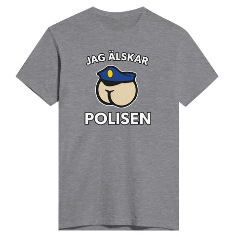 Satiriskt tryck "Jag älskar polisen" med tecknad rumpa i polismössa på grå t-shirt.