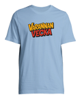 Varannan vecka" text i pop art-stil på ljusblå t-shirt.