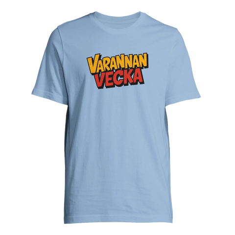 Varannan vecka" text i pop art-stil på ljusblå t-shirt.
