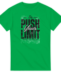 Push Your Limit" texttryck med hantel på grön t-shirt, grunge-stil.