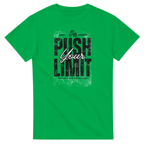 Push Your Limit" texttryck med hantel på grön t-shirt, grunge-stil.