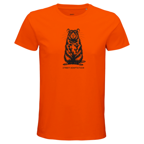 Svart råtta med texten "STREET ADAPTATION" på en orange premium herr-t-shirt.