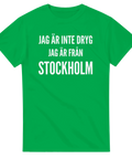 Rolig t-shirt med citat om stockholmsk dryghet – stilren typografi