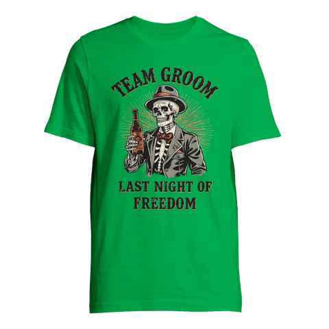 Grön t-shirt med grafiskt tryck av skelett och texten Team Groom