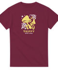 Psykedelisk illustration med svampar och texten Trippy på vinröd t-shirt