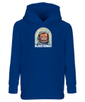 Blå hoodie för barn med akvarellmålad katt-astronaut och texten Mjaustronaut