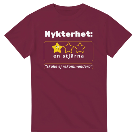 Ironiskt motiv: Nykterhet får en stjärna, "skulle ej rekommendera" på mörkröd t-shirt.
