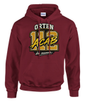 Vinröd hoodie med statement-tryck och grafisk textdesign