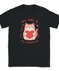 Humoristisk t-shirt med grafiskt kattmotiv och texten My cat is my valentine