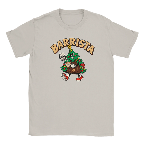 Beige t-shirt med en kaffeserverande julgran och texten ”Barrista”.