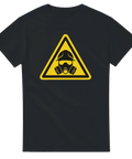 Grafisk varningsskylt med gasmask och hjälm – svart t-shirt