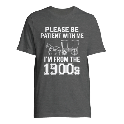 Mörkgrå t-shirt med grafiskt humortryck inspirerat av gamla tider
